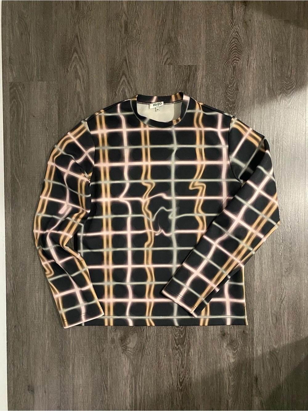 Kenzo Black Neoprene long sleeves with Pink and Gold Grid Distortion Waves